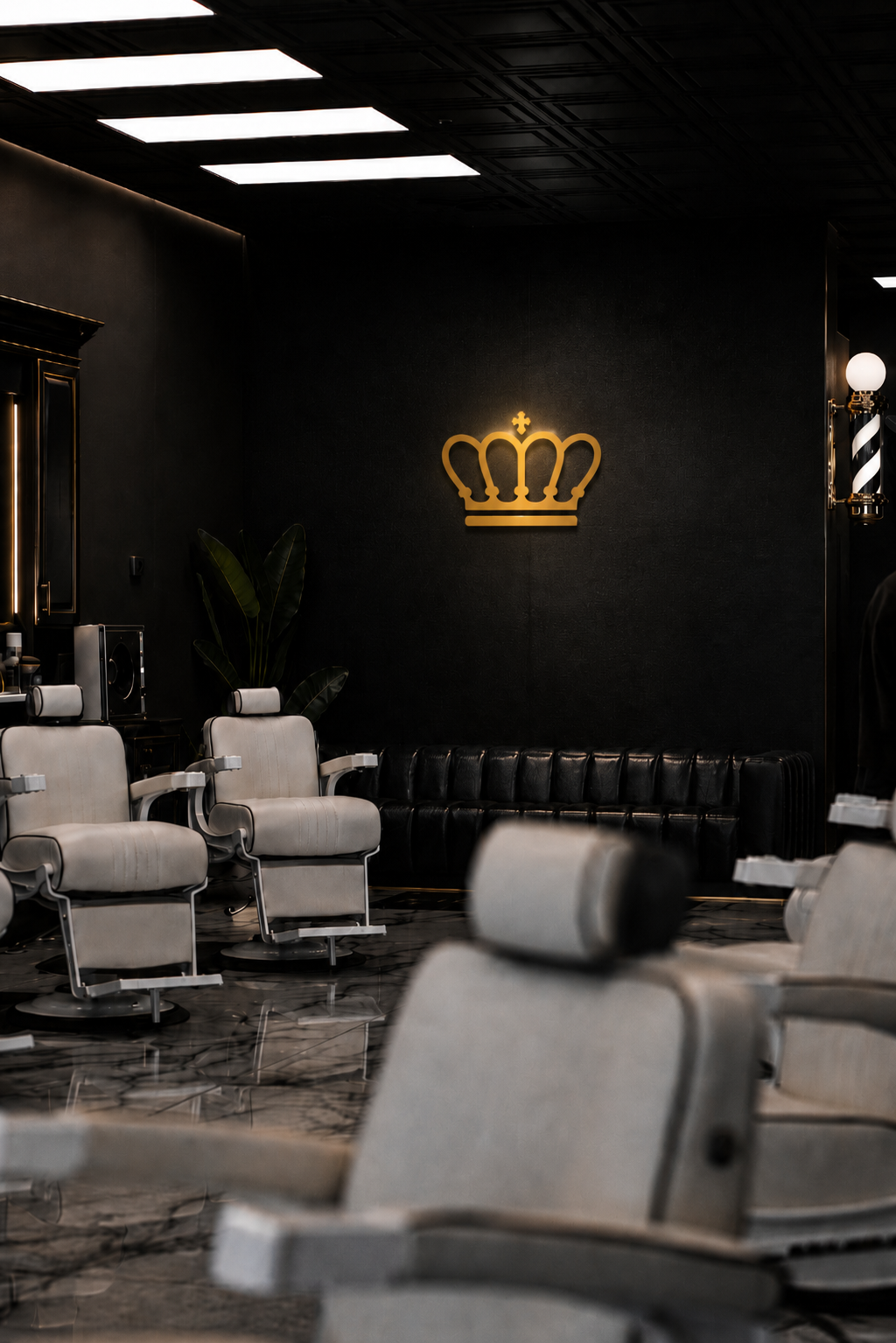 Interior oscuro y elegante de una barbería premium
